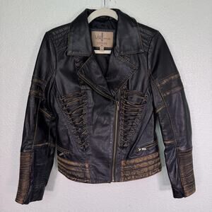 Wilsons Vintage USA Leather Jacket Women Small Lace Up Distressed Biker Moto